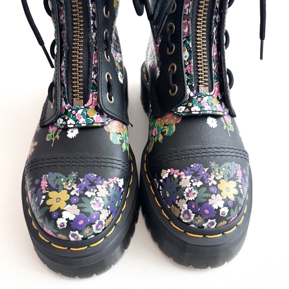 Dr. Martens Sinclair Black Leather Vintage Floral Zip Lace Up Platform Boots - Picture 3 of 10